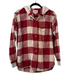 American Eagle plaid flannel hoodie shirt jacket XS red cream cozy